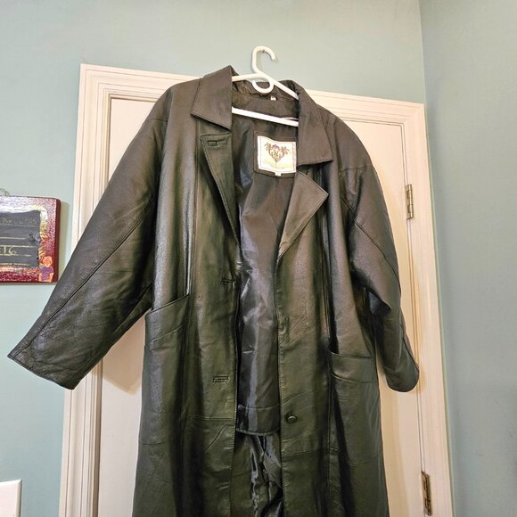 VTG MED Classic Laura Winston Black Leather Women's Button Up Long Trench Coat - Picture 2 of 16